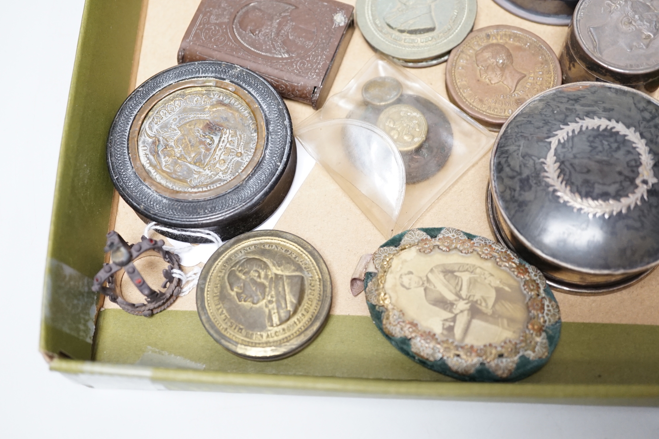 Objects including Edward VII commemorative prayer book, silver mounted box and miniature crown, boxed thimbles and two coin inset boxes, the largest 11cm wide